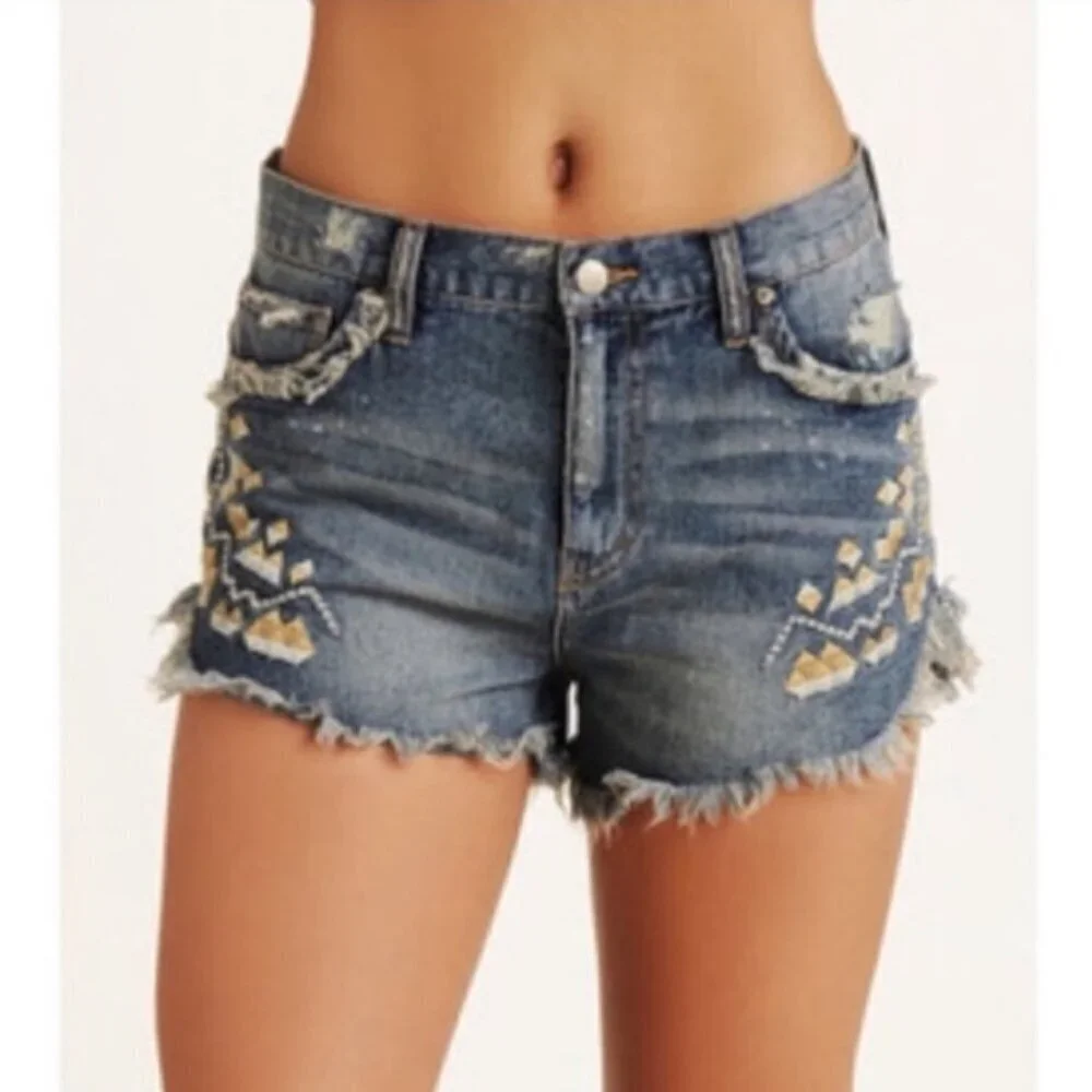 Free People Tulum Embroidered Raw Hem Denim Shorts size 25